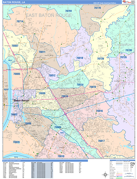 Baton Rouge City Wall Map Color Cast Style